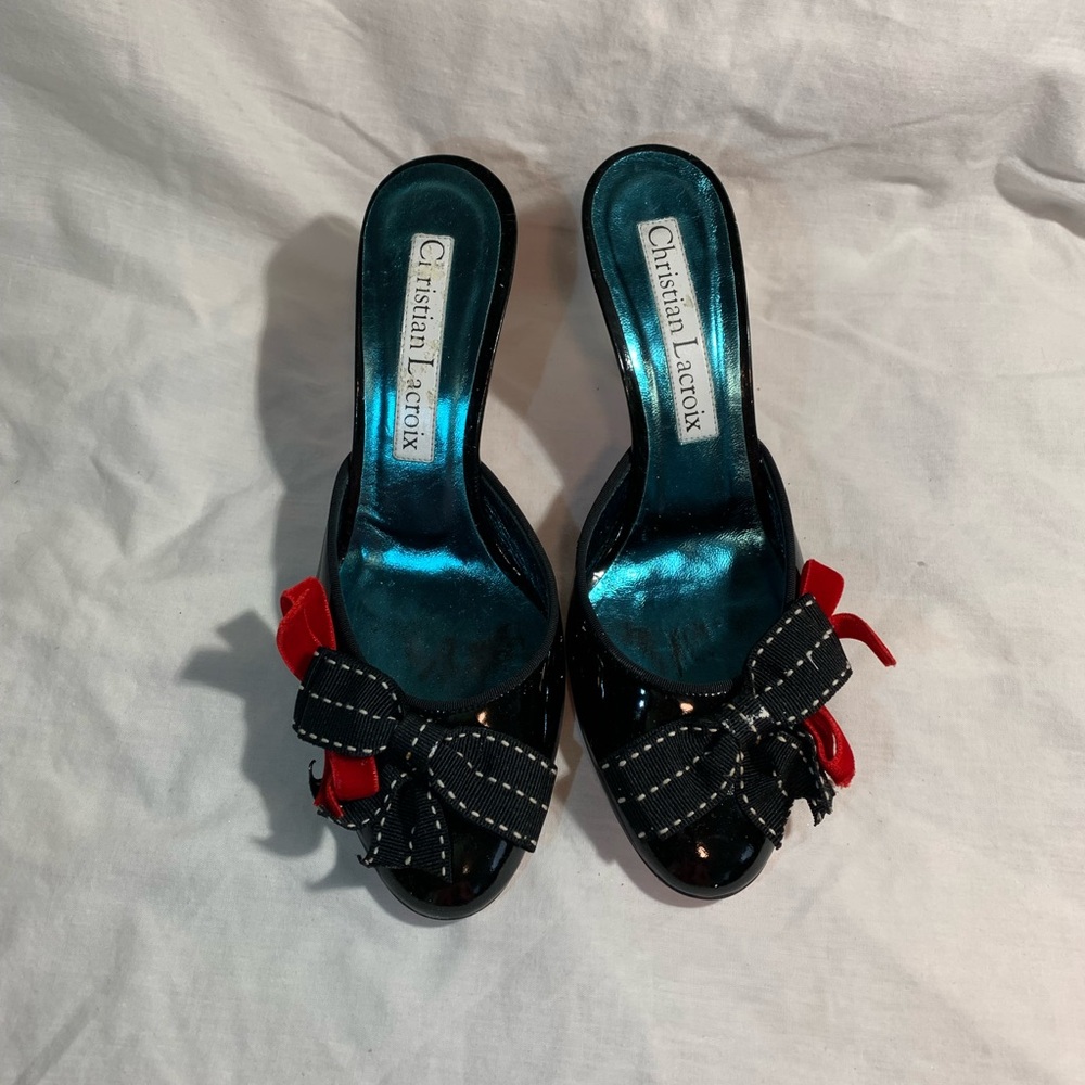 Christian Lacroix Black and Red Mules with Bow Accent